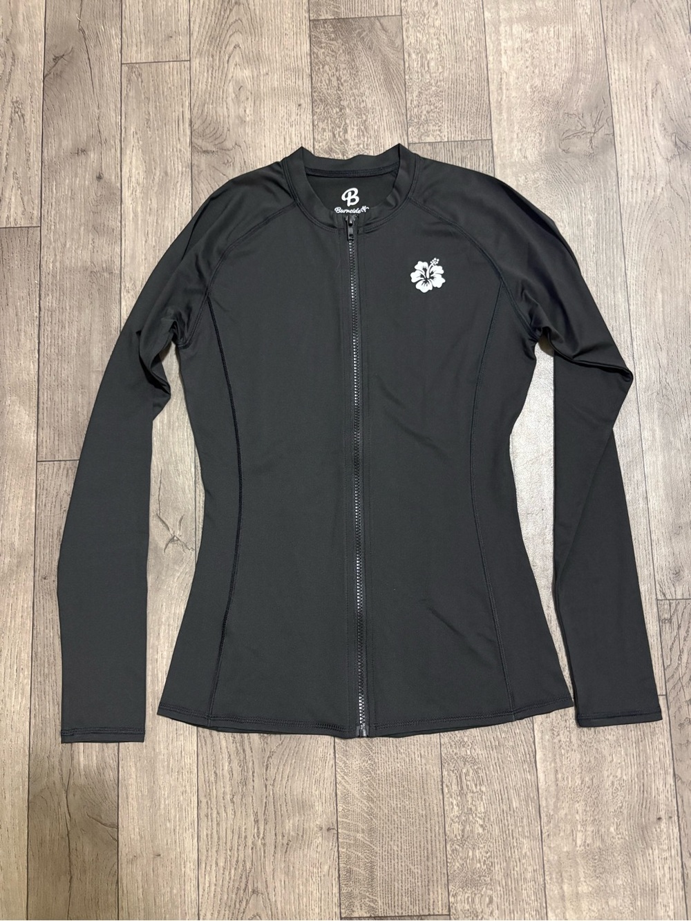 Burnside Black Long-Sleeve Full Zip Front Rash Guard with White Floral Logo
